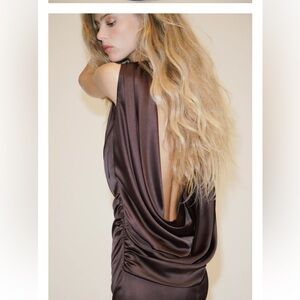 NEW Zara Open Back Satin Dress Brown Size M